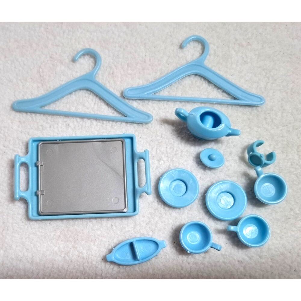 Vintage Barbie Size Accessory Lot Blue Hangers Tray Tea Pot Cups Plates Bracelet